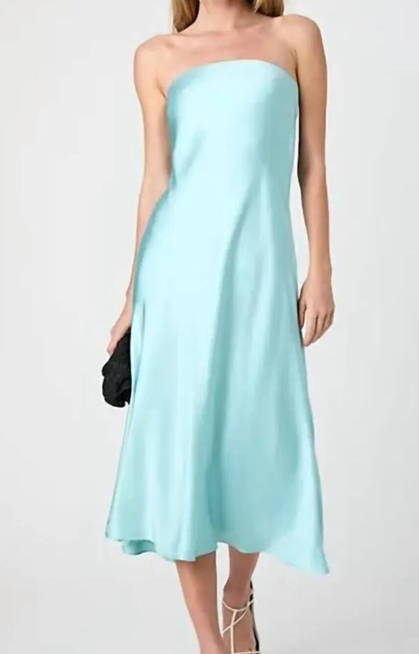 French Connection Oona Satin Strapless Midi Dress Pastel Turquoise Size Medium